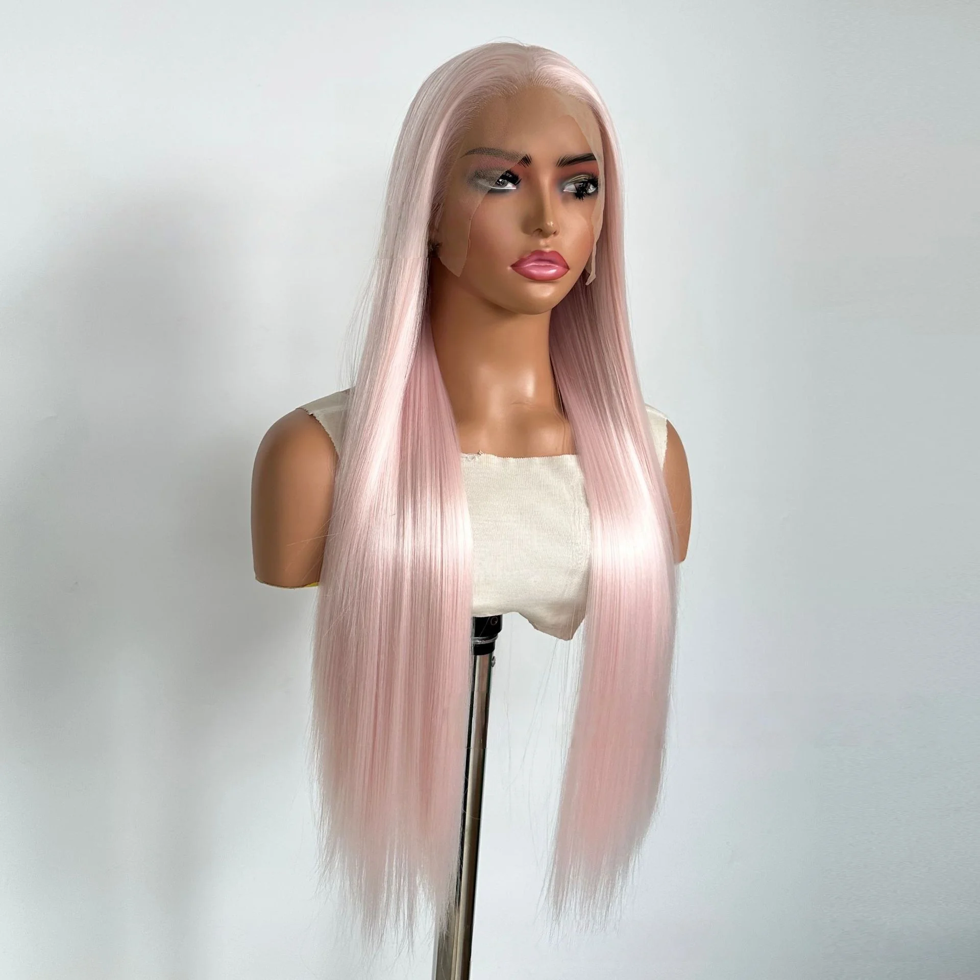 여성용 연분홍색 가발 13x4 레이스 프론트 가발 26인치 롱 스트레이트 가발 코스프레 로리타용 고온 섬유 합성 가발