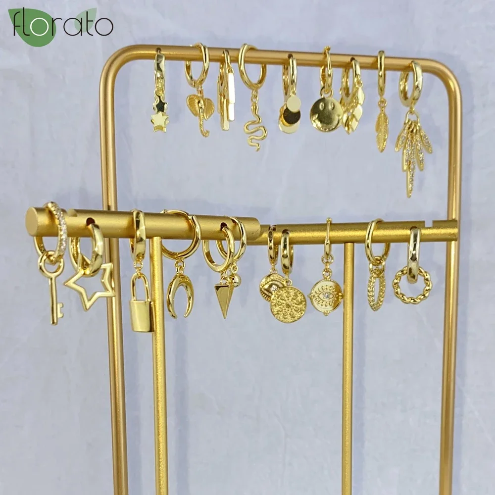 925 Sterling Silver Needle Vintage Gold Color Round Pendant Earrings New Small Hoop Earrings for Women Fashion Jewelry Wholesale