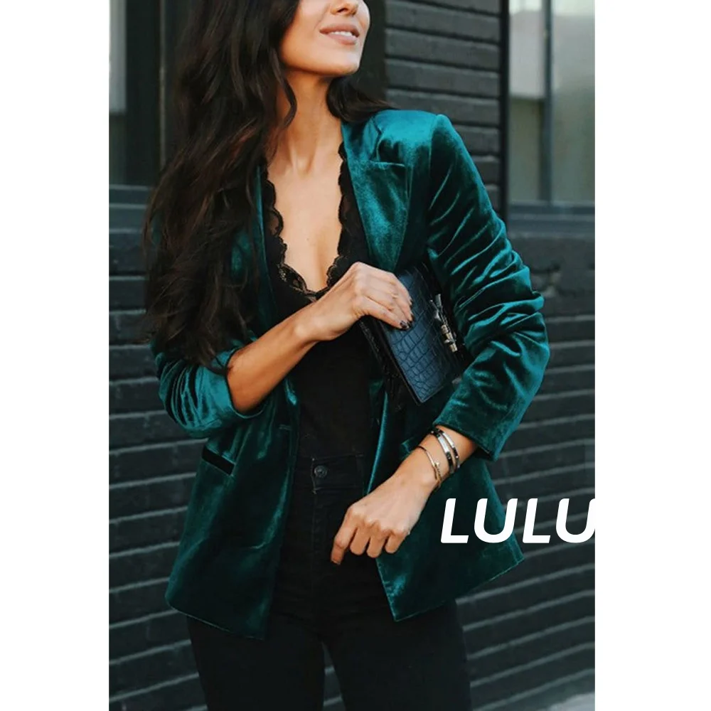 Women's Coat Velvet Notched Lapel Jacket Suit Green Velour Warm Autumn Winter Lightweight Button Womans  Blazer Top outerwears