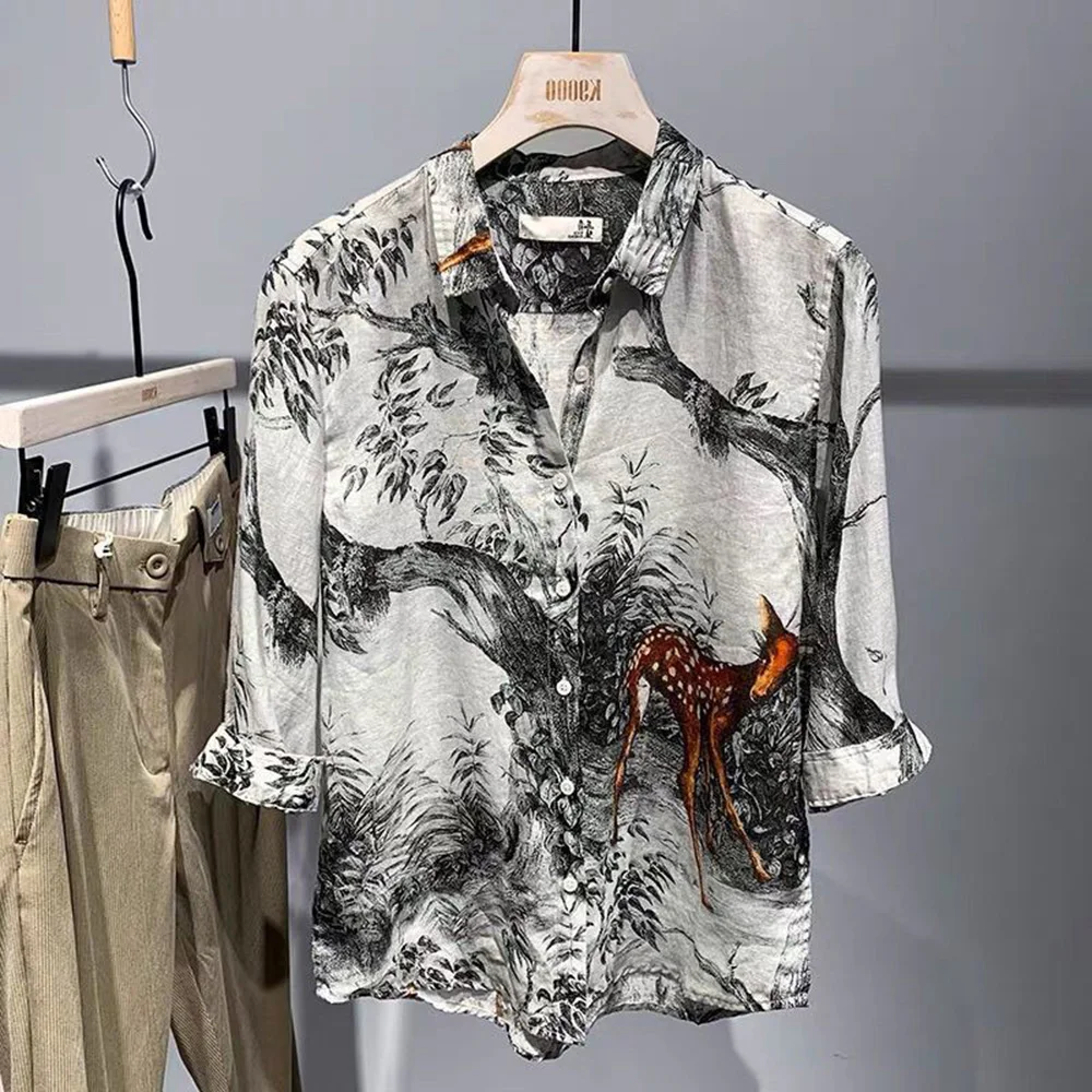 

Mens Shirt Printed Animal Ink Painting Thin Shirt Summer Men's Short Sleeved Casual Shirt Handsome Blouse Men's Clothing 2024