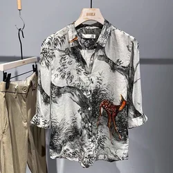 Mens Shirt Printed Animal Ink Painting Thin Shirt Summer Men's Short Sleeved Casual Shirt Handsome Blouse Men's Clothing 2024