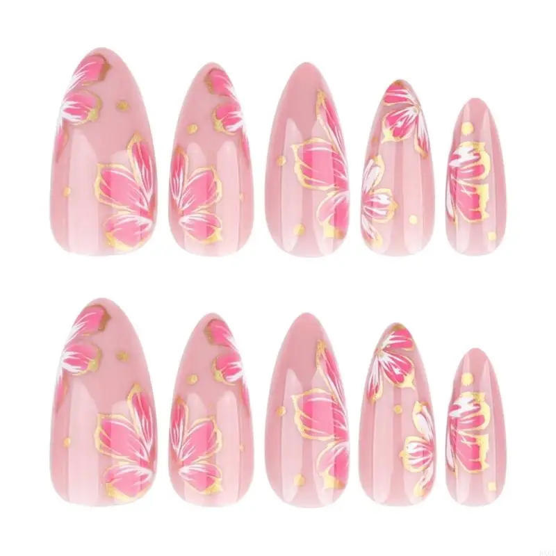 Bx0f 24x Pink Flowers Premere su unghie a mandorle False Unghia artificiale semplice