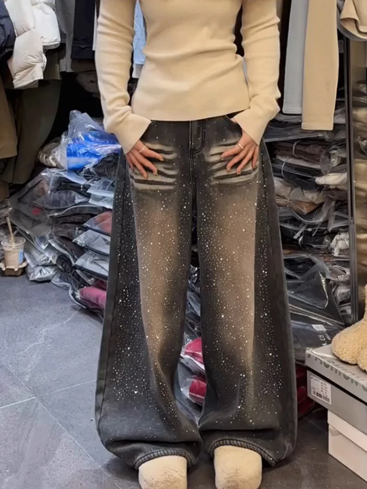 

Джинсы женские свободного кроя с высокой талией, винтажные, с эффектом звездного сияния и стразами, длиной в пол, в стиле American High Street