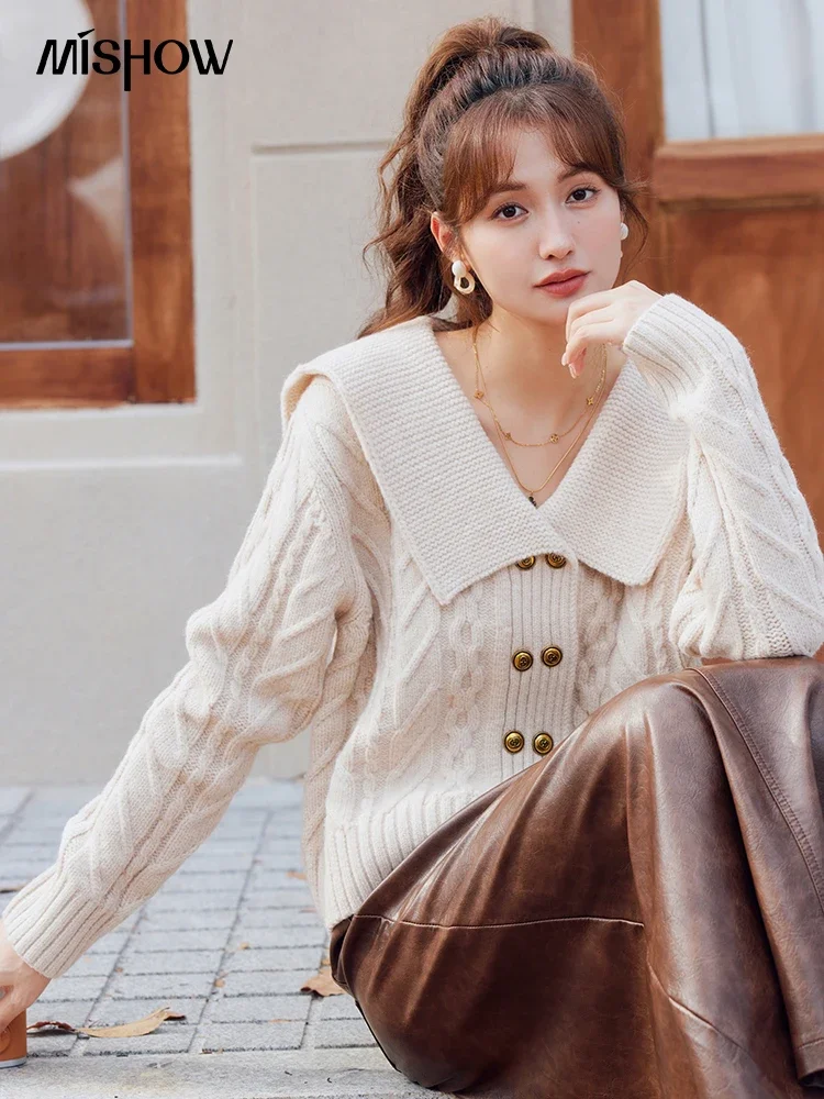 MISHOW Knitted Cardigan Women Autumn Winter Vintage Loose Double Breasted Sweater Jacket Woman Peter Pan Collar Tops MXC48Z0265