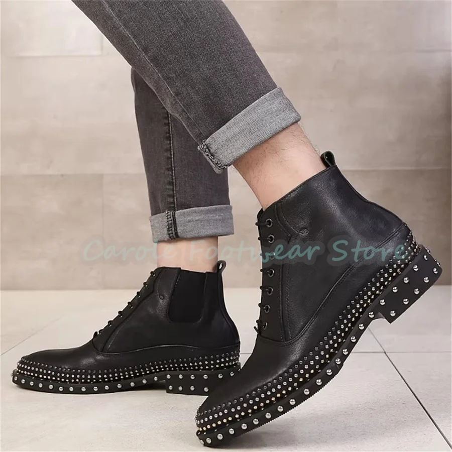 Punk Rivet Chunky Heel Genuine Leather Ankle Boots Handmade Male Lace-Up Motorcycle Boots British Style Business Dress Shoes