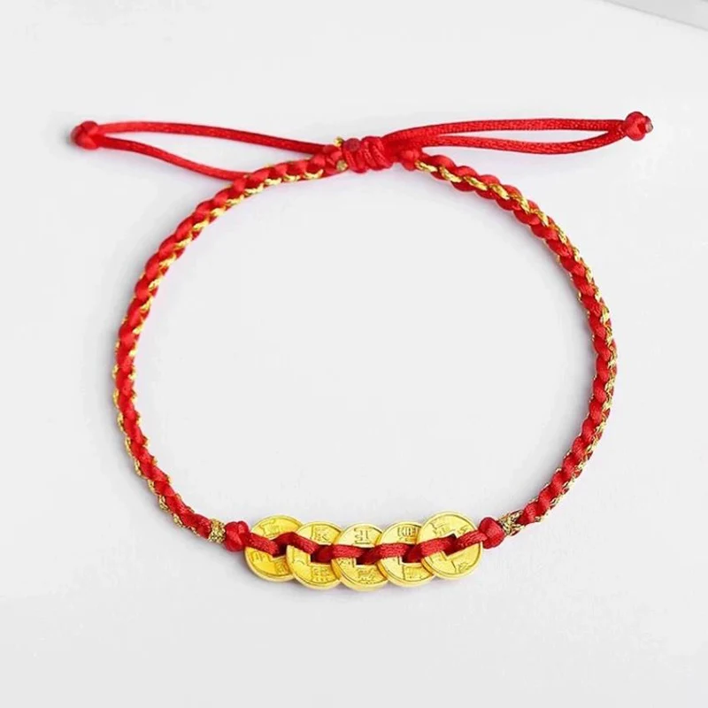 Ancient Gold-Plating Five Emperors Coins Hand Rope Red Rope Blessing Peace and Good Luck Jewelry Men and Women's Bracelet KOFSAC