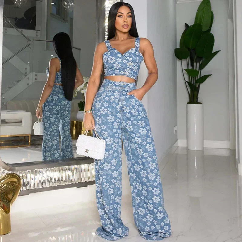 Floral Print Denim Pant Sets Womens 2 Piece Outfit Clubwear Birthday Crop Top and Wide Leg Pants Rave Festival Matching Sets