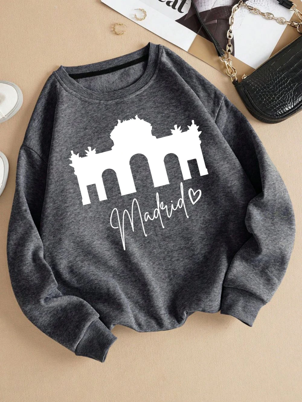 Madrid Alcala Schiebetür Druck Frauen Pullover Mehrfarbig 0-Neck Sweatshirt Herbst Lose Kleidung Fleece Y2K Frau Streetwear