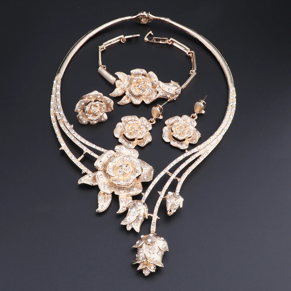 

Dubai Gold Color Jewelry Set Flower Shape Necklace Earrings Bracelet Ring for Women African Beads Costume Jewellry Sets