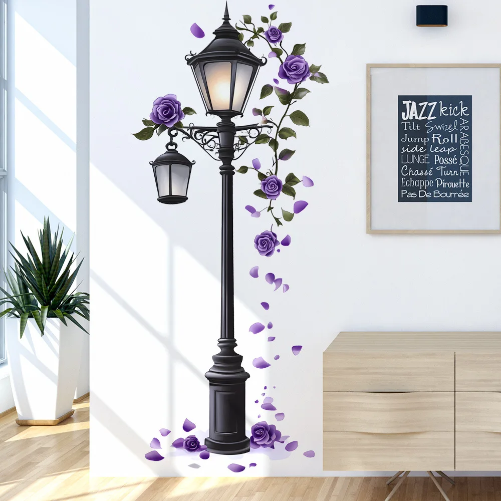 Elegant Purple Rose Street Lamp Wall Decal - Contemporary Floral Sticker with Realistic Detail, Self-Adhesive & Easy to Apply, P