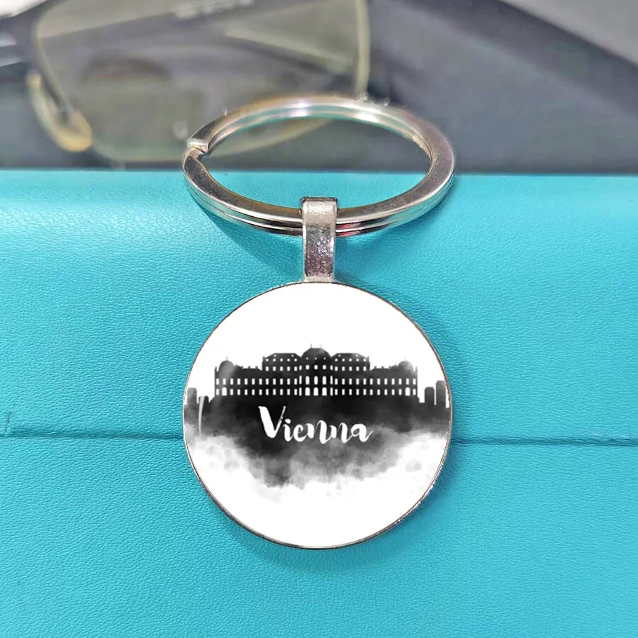 Hot Sale Retro Elegant Black White Reflection City Silhouette Glass Keychain Unisex Fashion Waist Bag Daily Charm Gift