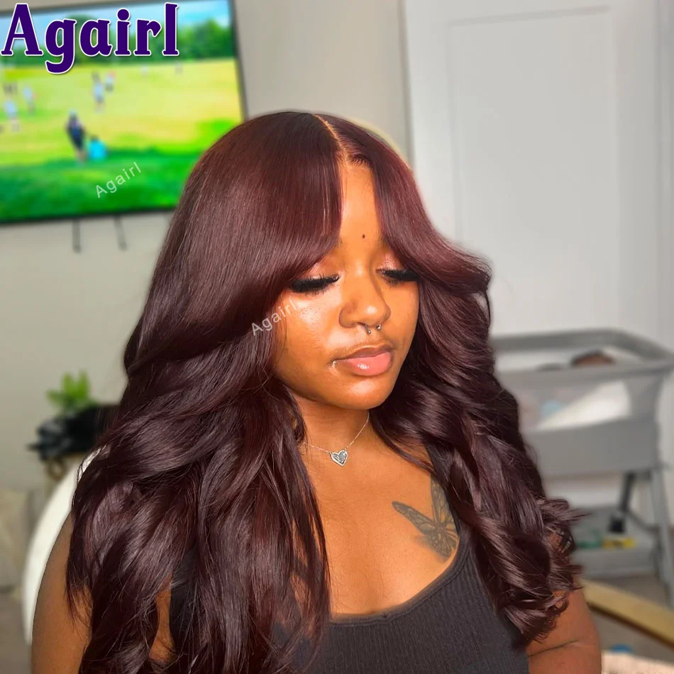 Perruque Lace Closure Wig Body Wave Naturelle Rouge Foncé, Cheveux Humains, Pre-Plucked, 34 36 Pouces, Densité 200% 99J, 13x6, 5x5, pour Femme