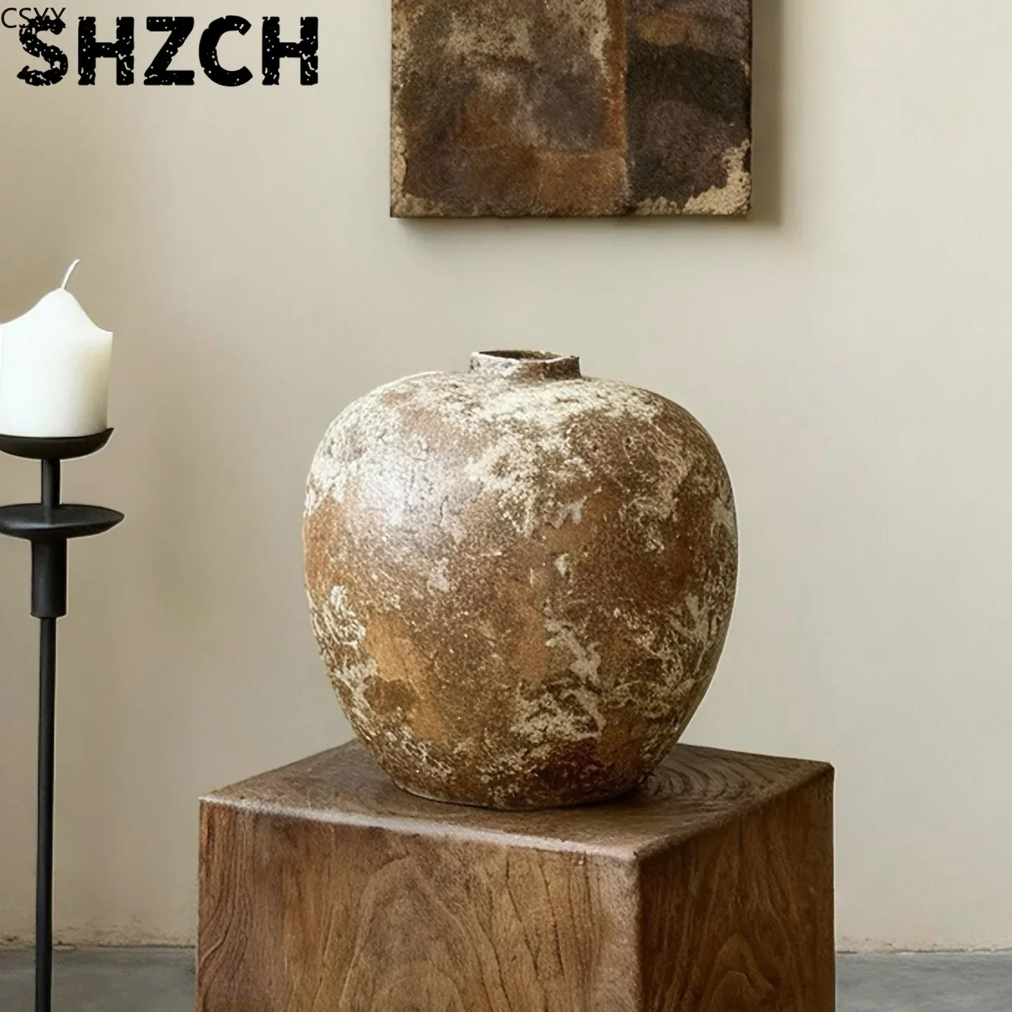 Jingdezhen Wabi-sabi Wind Zen Ornament Large Coarse Pottery Jar Handmade Flower Arrangement B & B Retro Nostalgic Ceramic Vase