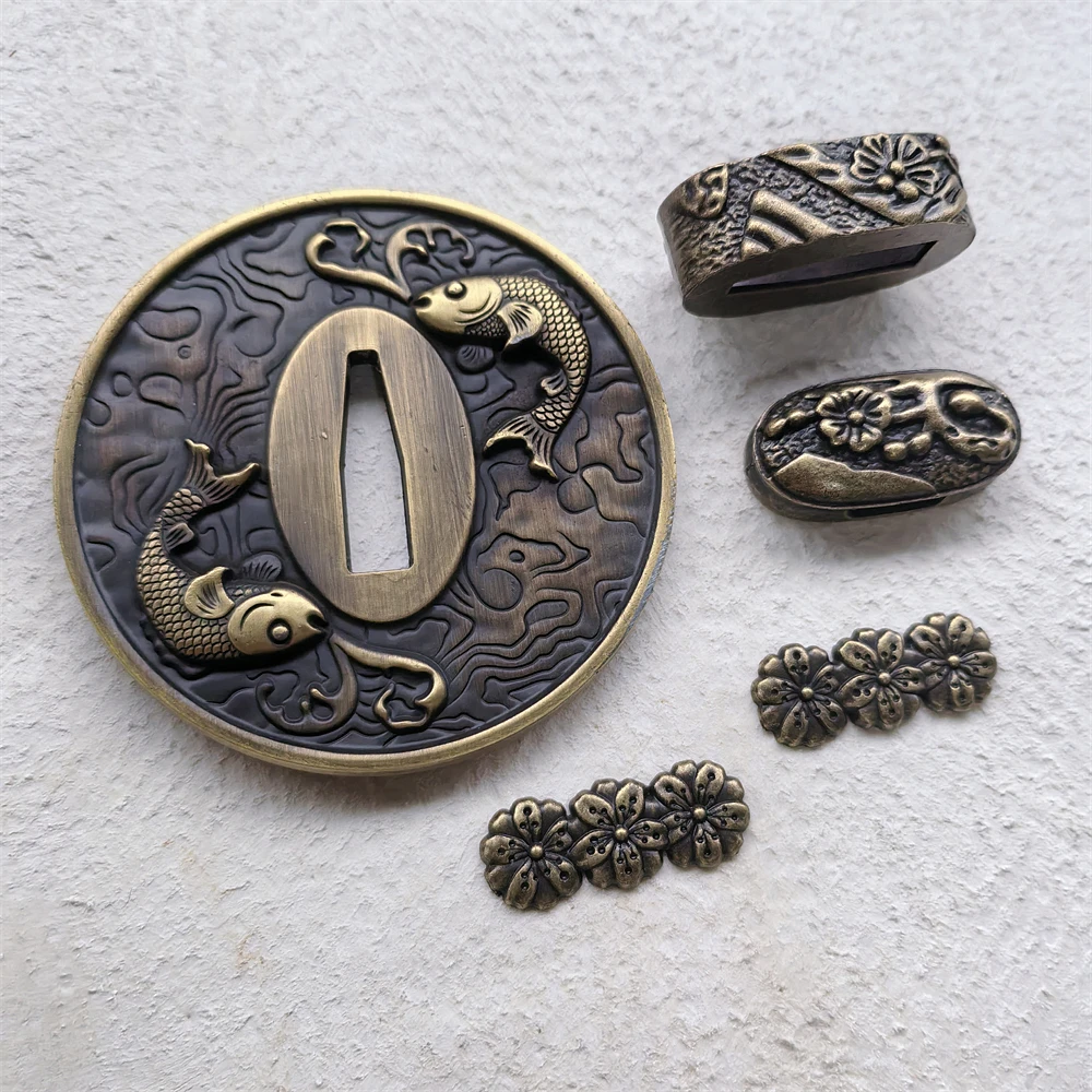 Japanese A Set Alloy Fish Tsuba Flower Fuchi Kashira Menuki Accessories For Katana Sword Fittings