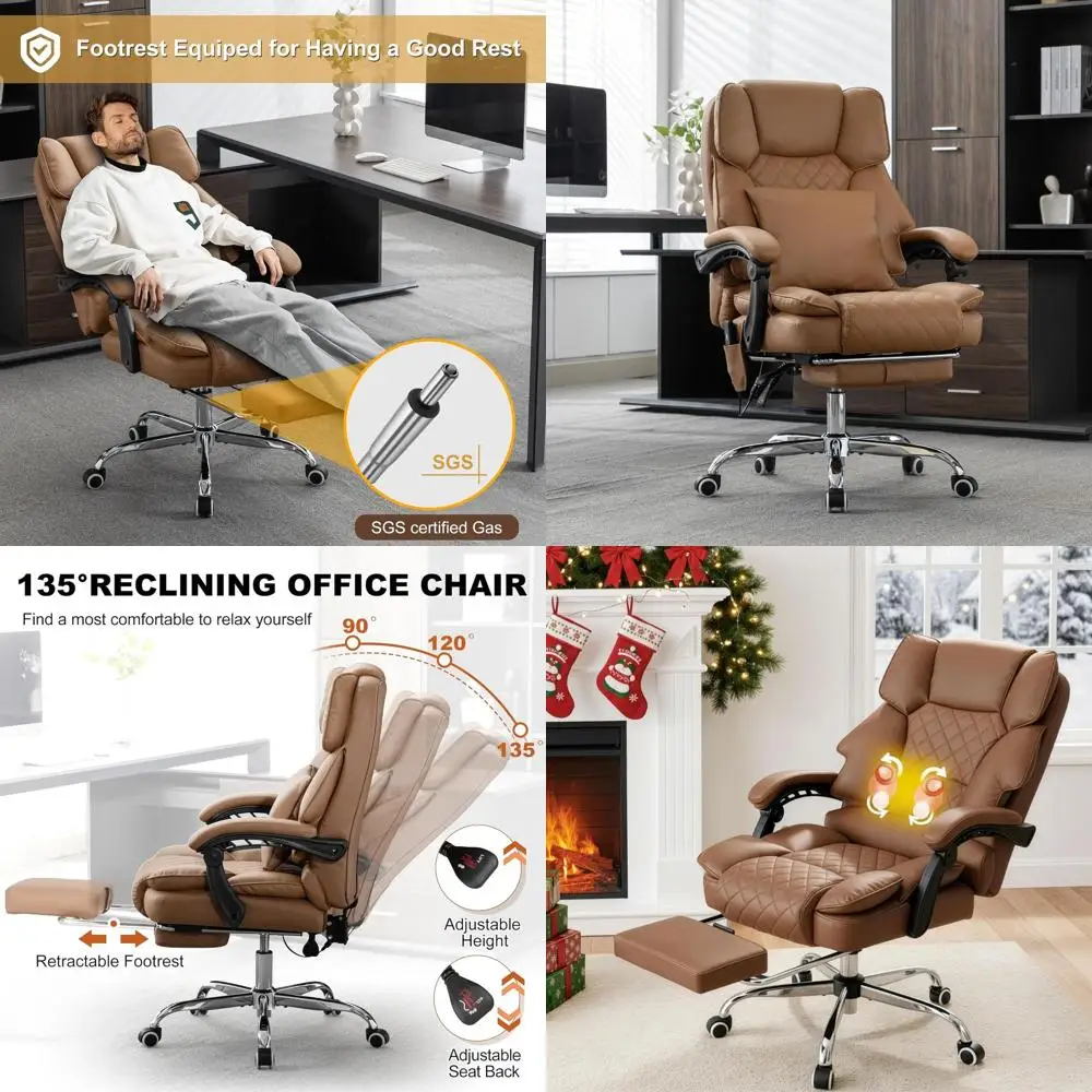 

Эргономичное кожаное кресло для руководителя с ромбовидной прошивкой и массажем с подогревом, 90-135 ° Наклонник и подставка для ног (коричневый)