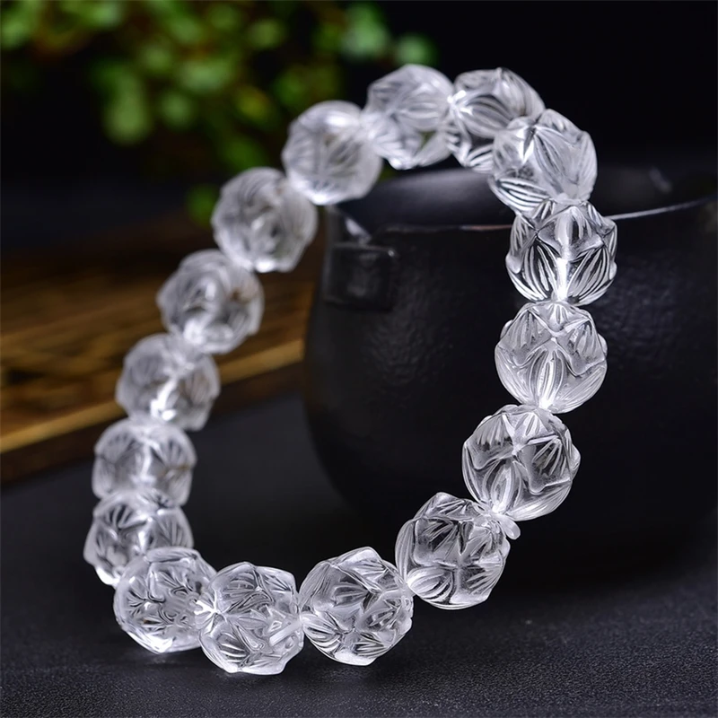 13MM Natural Clear Quartz Lotus Bead Bracelet Crystal Yoga Reiki Healing Stretch Female Holiday Gift 1PCS