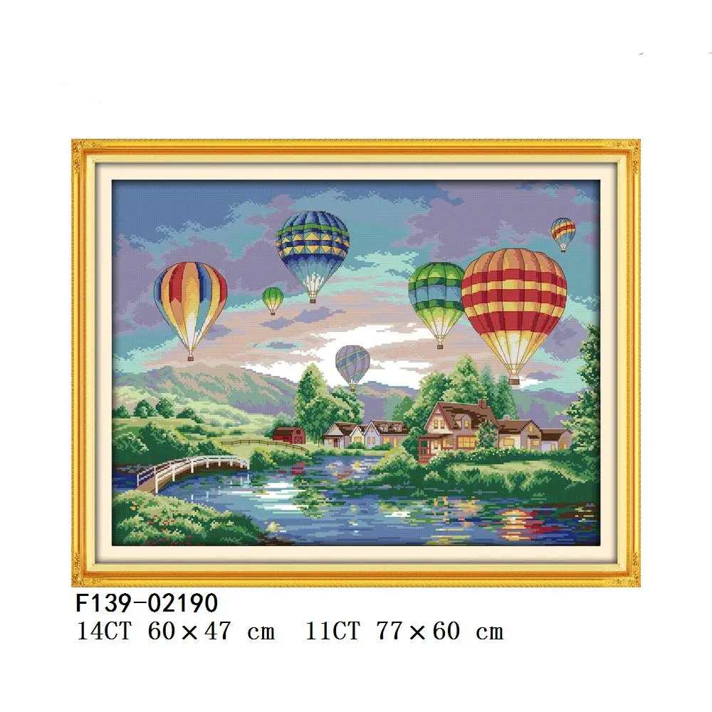 Joy Sunday Colorful Hot Air Balloons On The Bridge Autumn In The Valley Farms Cross Stitch Kit, F139, FA391, FA547, FA550
