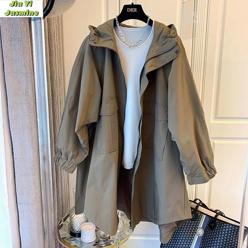 Designer's Niche Versatile Loose Casual Cocoon Double Pocket Splicing Hooded Mid Length Windbreaker Jacket