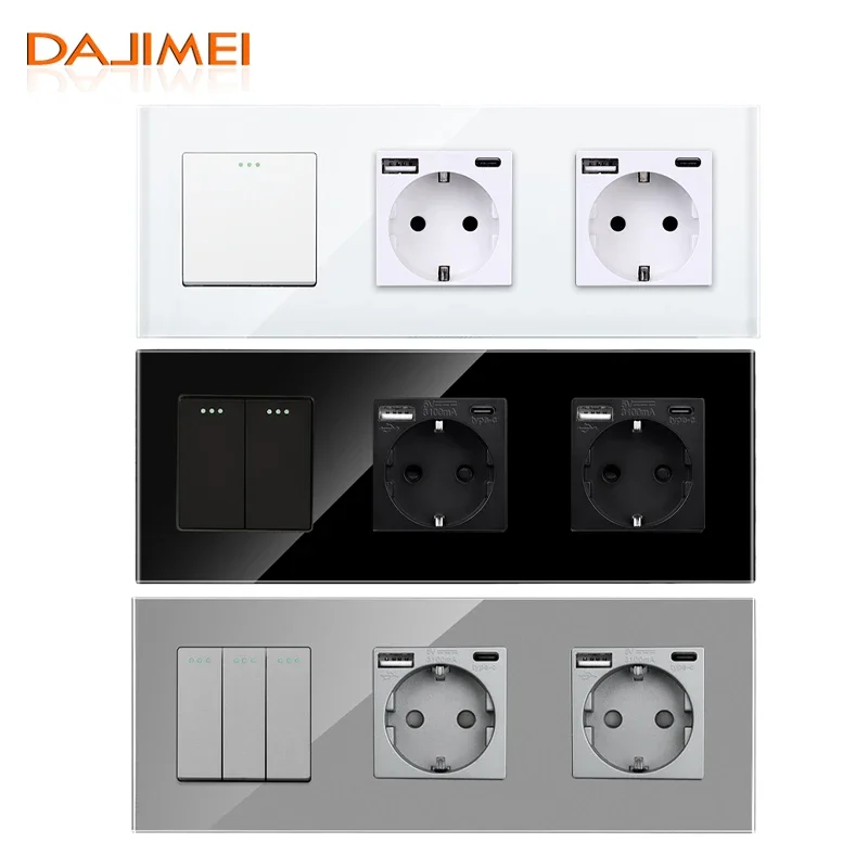 DAJIMEI Button Switches and USB Sockets EU RU Standard Type-C Electrical Double Socket with 1gang 1/2way Light Switches