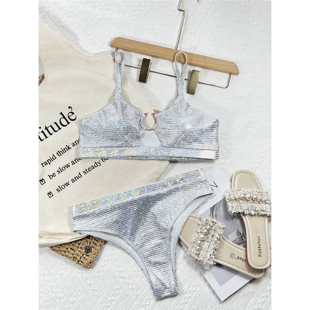Neuer glänzender Bikini mit Pailletten, hoher Taille, Damen-Badeanzug, zweiteiliges Bikini-Set, gepolsterter Badeanzug, Badebekleidung, Modell V4213. – Detail 8