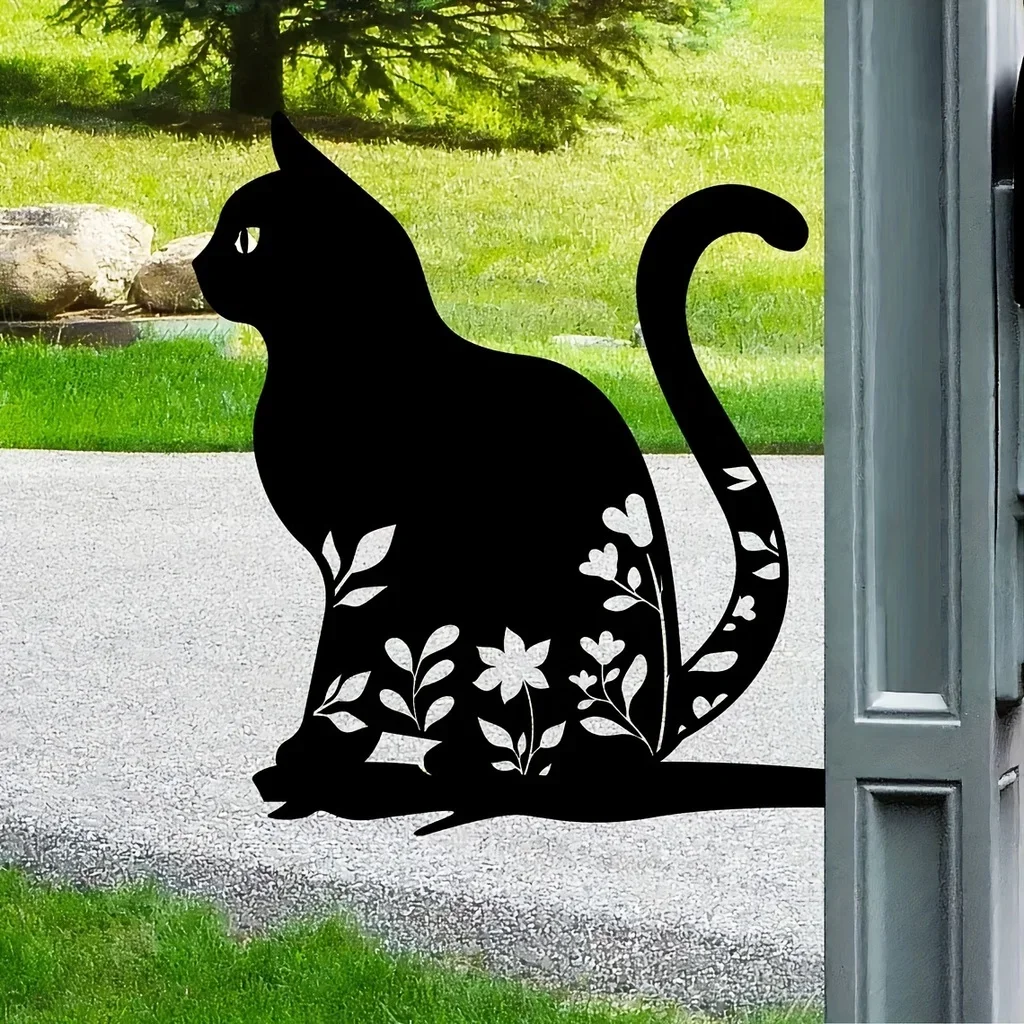 HelloYoung Metal Contour Cat Silhouette Garden Stake, Metal Yard Art, Garden Tree Decorations Backyard Garden Patio Decoration