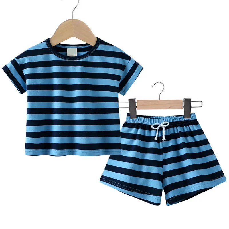 

2Piece Summer Newborn Girls Clothes Korean Fashion Casual Stripe Cotton Short Sleeve Baby Tops+Shorts Toddler Boy Outfits B142