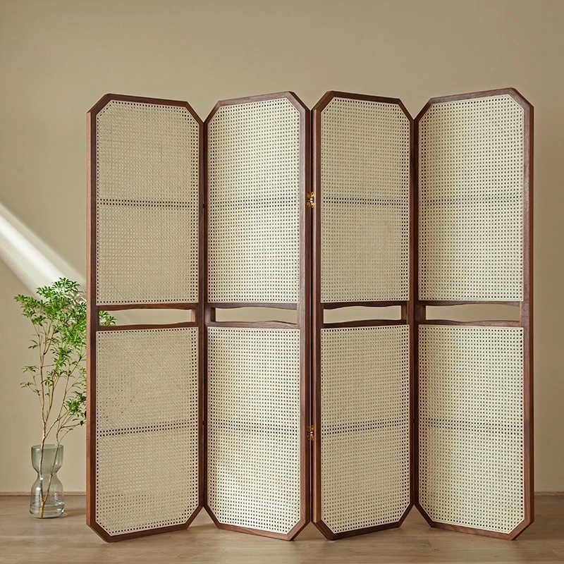 Solid wood folding screen rattan new Chinese home living room screen