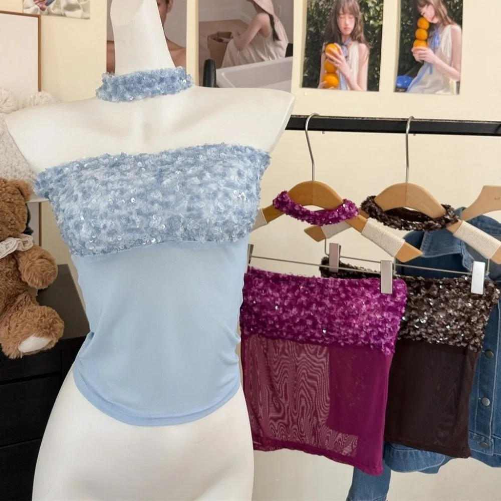 

Mesh Sequin Slim Sequin Crop Top Strapless Bottoming Shirt Girl's Vest Top Spicy Girls Style with Neck Ring Camisole with Pads