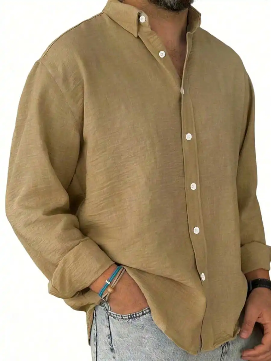 

Mens Solid Beige Casual Long Sleeve Shirt With Turn-Down Collar