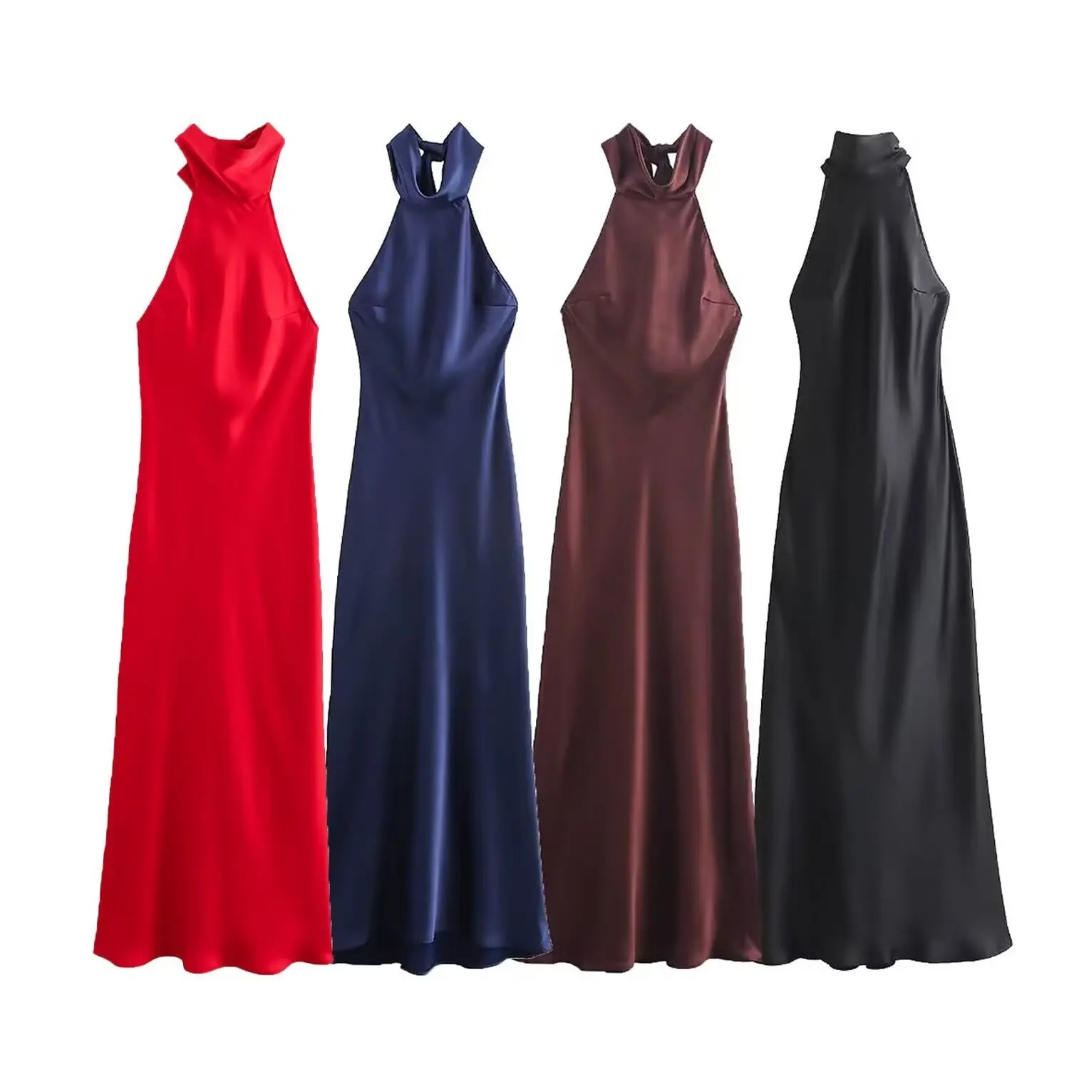 Elegant Solid Color Satin Halter Lace Up Long Dress Sexy Off Shoulder Backless Sleeveless Bodycon Dresses New Lady Party Robe