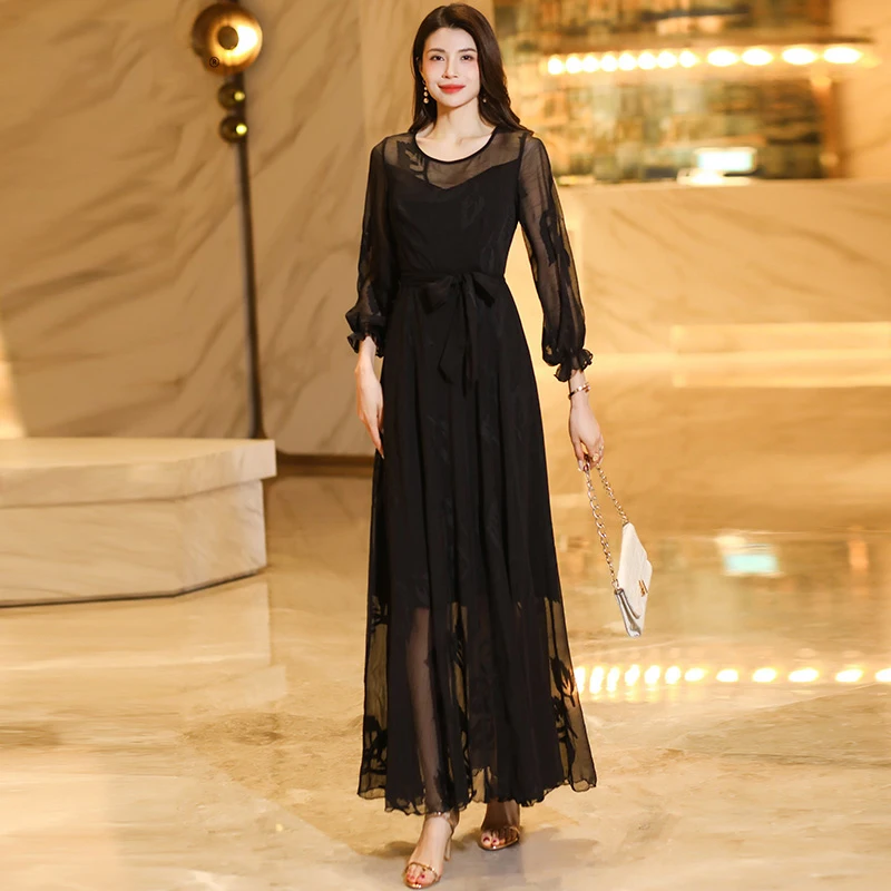 

New Women Summer Black Chiffon Dress Fashion O-Neck Long Sleeve Slim Jacquard Dress Elegant Simplicity A-Line Long Dress