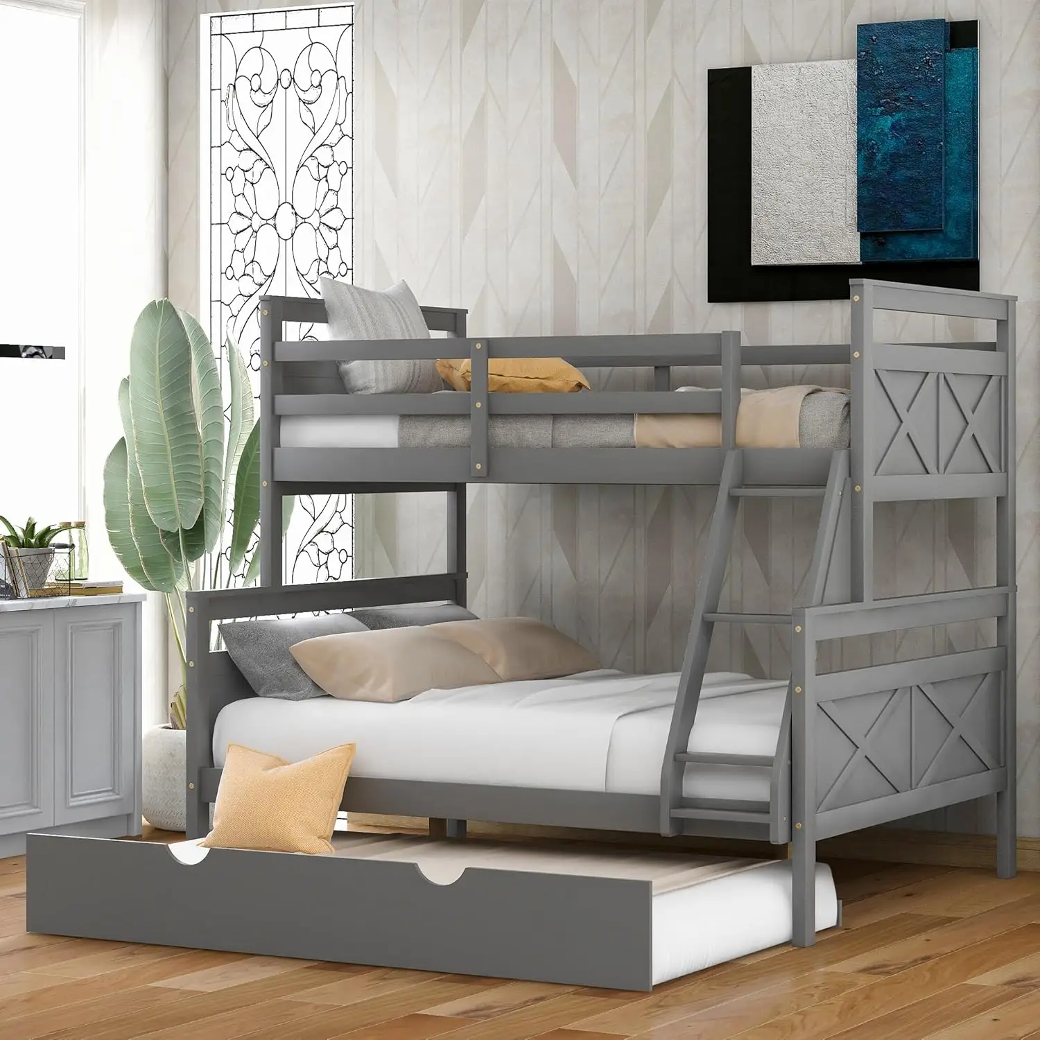 Letto a castello doppio sopra completo con rotelle, scala e Guardrail di sicurezza, struttura del letto a castello in legno per bambini adulti camera da letto per adolescenti, Convertibl