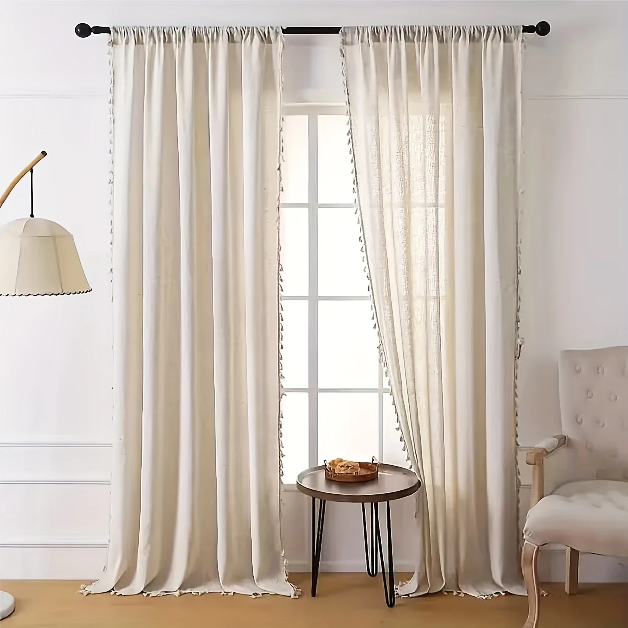 1Pc Light-Transmitting but Not See-Through Natural Wood-Colored Linen Gauze Curtain, with Top Rod Pocket for Hanging, Bohemian Lace Draped Window Sheer, Suitable for Bedroom, Living Room, Balcony, Bay Window Partition Decoration Curtain