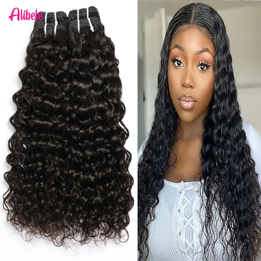 

Пучки двойного утка Alibele, волнистая волна, натуральный черный, 1/3/4 шт., 12-32 дюйма, пучки человеческих волос, 15A, наращивание натуральных волос