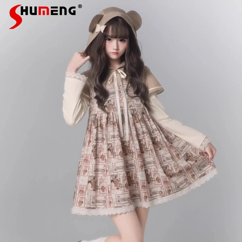 

Autumn Long-sleeved Faux Two-piece Tie-up Dress Original A-line Dresses Print Cute Small Busts Hooded Cape Sweatshirt Vestidos