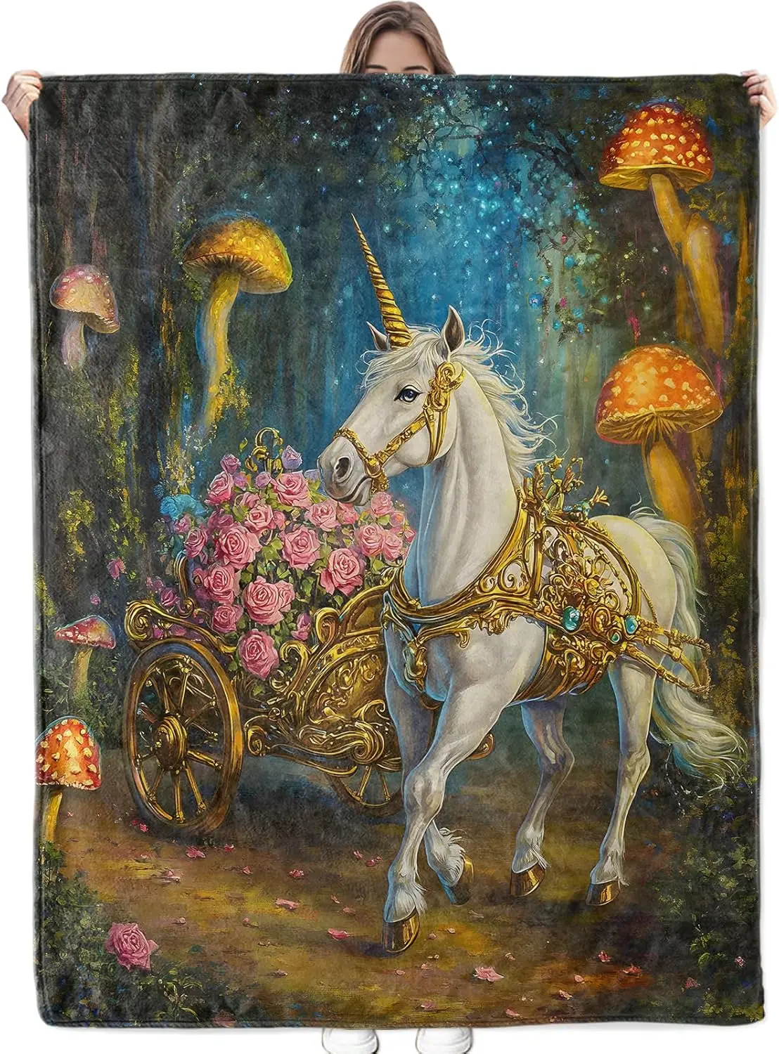 Magical Unicorn Carriage Blanket Soft Cozy Flannel Throw Blanket, Warm Yet Lightweight Floral Cart & Mushroom Blankets for