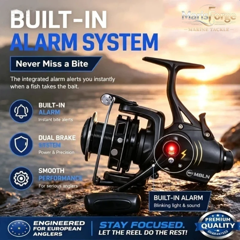 MBLN Spinning Fishing Reel 6+1 Bearings Dual Brake Aluminum Spool Built In Alarm Carp Angling Sea Fishing For Adult Anglers