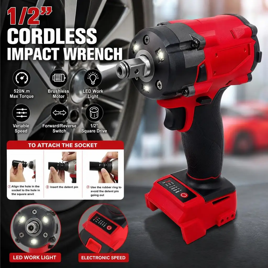 M18 Fuel 1/2\" High Torque Impact Wrench Red/Black Cordless No Battery For Milwaukee 18v