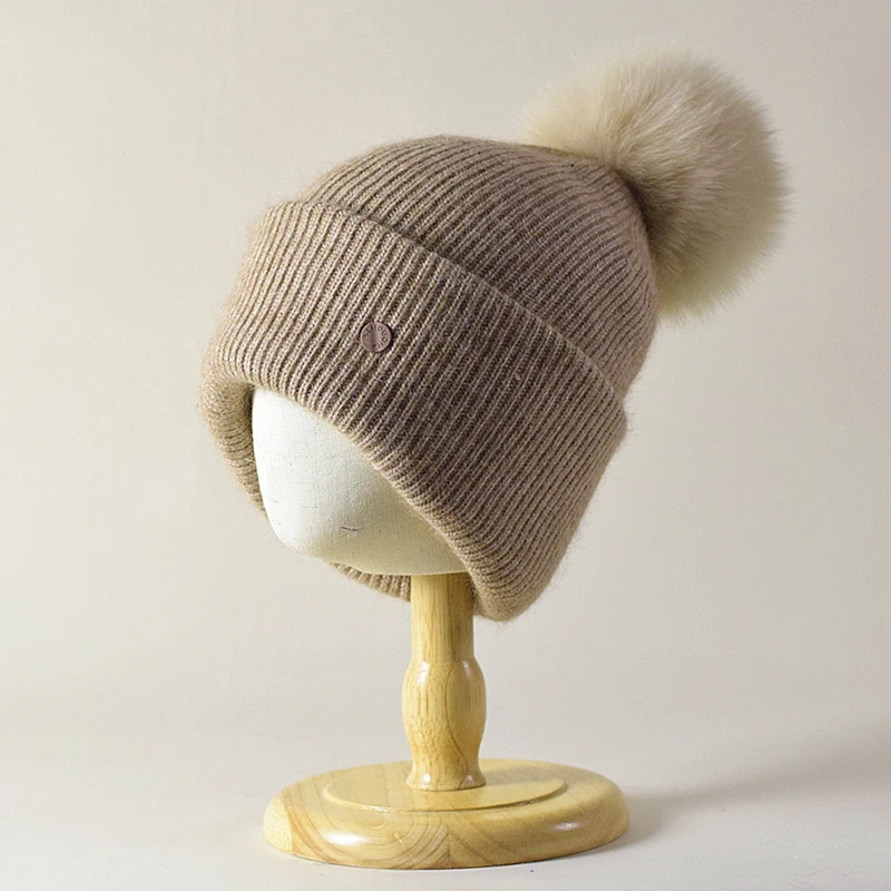 قبعة المرأة الشتاء الصوف قبعة متماسكة ريال فوكس الفراء Pompom الخريف الدافئة التزلج ملحق للرياضة في الهواء الطلق #4