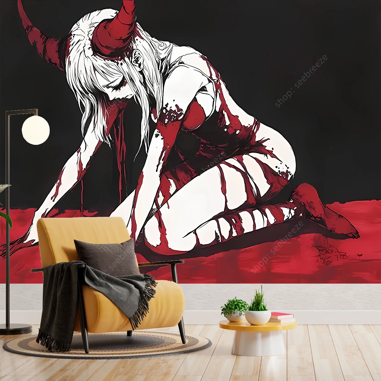 ​​Gothic Vampire Woman Tapestry with Horns Blood Stains Urban Horror Art Bedroom Game Room Wall Decor Gothic Fantasy Aesthetic