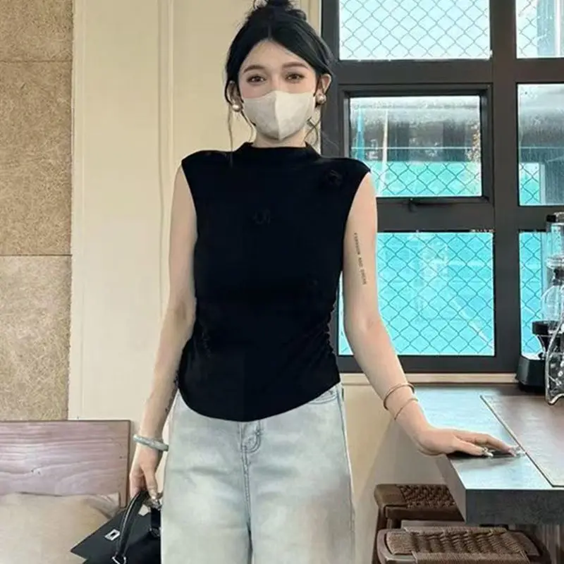 Suéter de punto con flores para mujer, chaleco sin mangas con cuello medio alto, Top ajustado de Color sólido, suéter para fiesta y Club