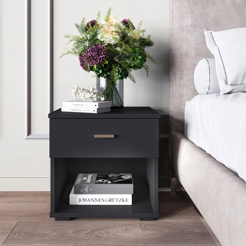 Nash Single Drawer Nightstand, Black  Chest of Drawers for Bedroom Bedside Table Black Furniture Bedroom