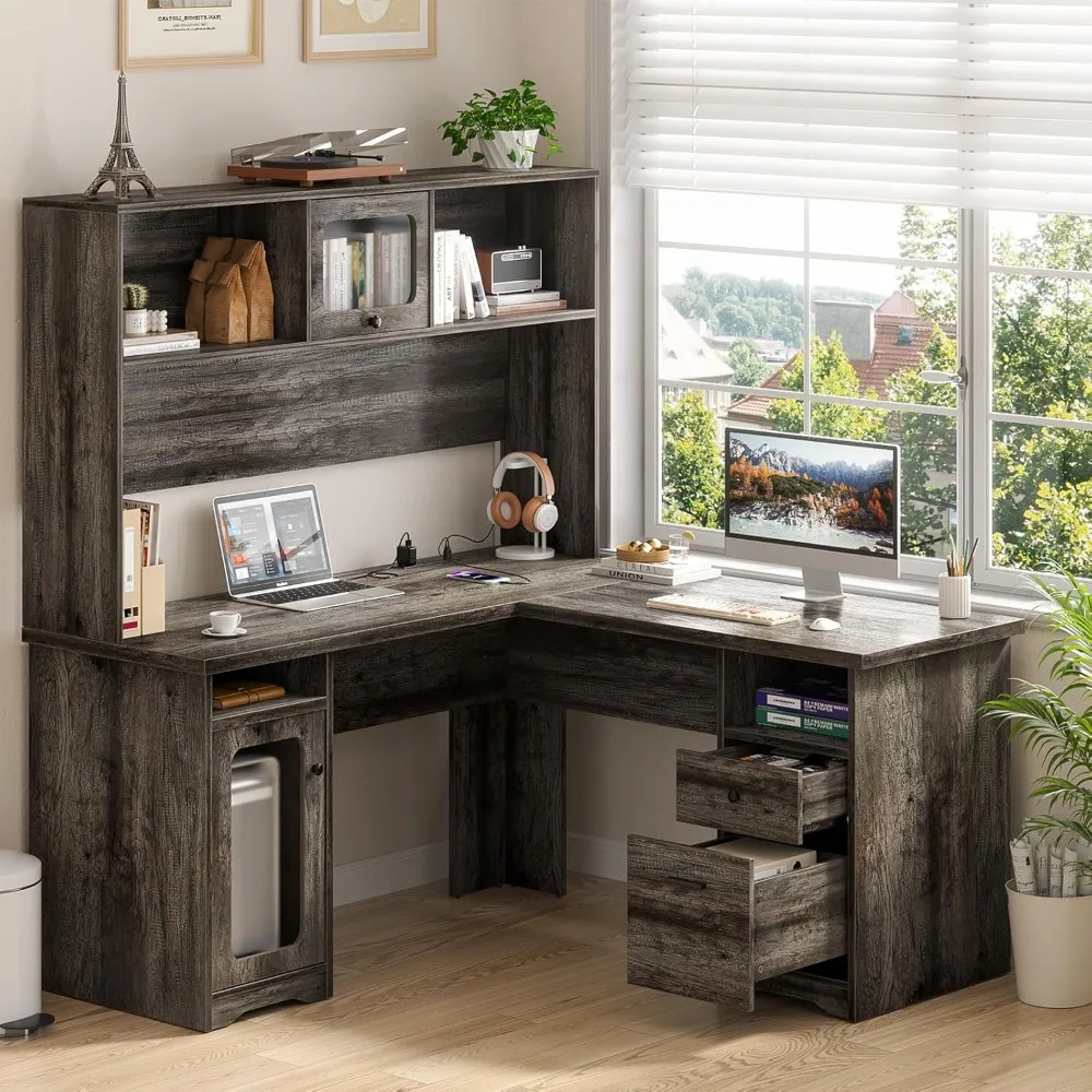 L-Shaped Desk with Power Outlet and LED Lighting, Corner Office Desk with File Cabinet Drawer