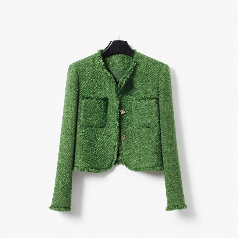 

New Fashionable Elegant Retro Green High End Elegant Small Fragrant Coarse Floral Round Neck Single breasted Coat
