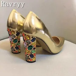Luxury Colored Rhinestone Thick Heels Pumps Women New Black Gold Sheepskin Pointed Toe High Heels Ladies Fashion Dress Shoes
