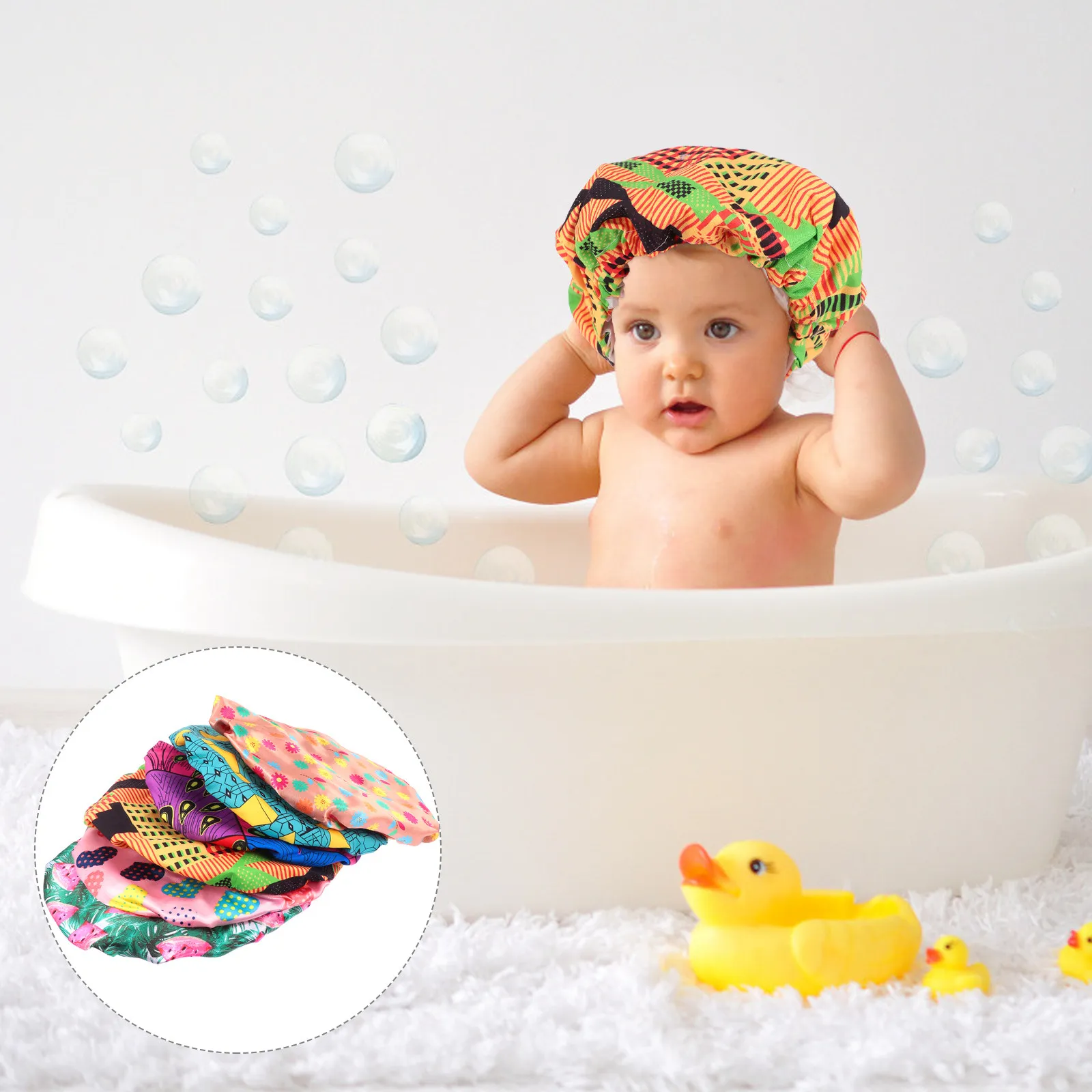 

6pcs Waterproof Shower Caps Adjustable Hair Bonnet Kids Bathing Soft Foldable Polyester Night Hat Lightweight Elastic Travel