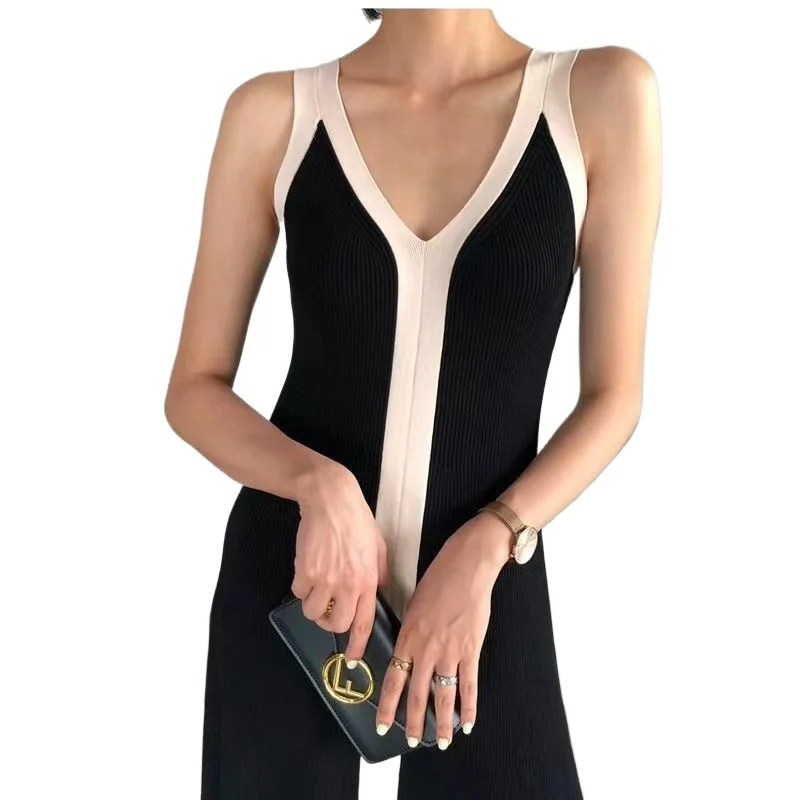 2024 summer new clothes temperament color combination before and after V-neck long suspender knitted dress