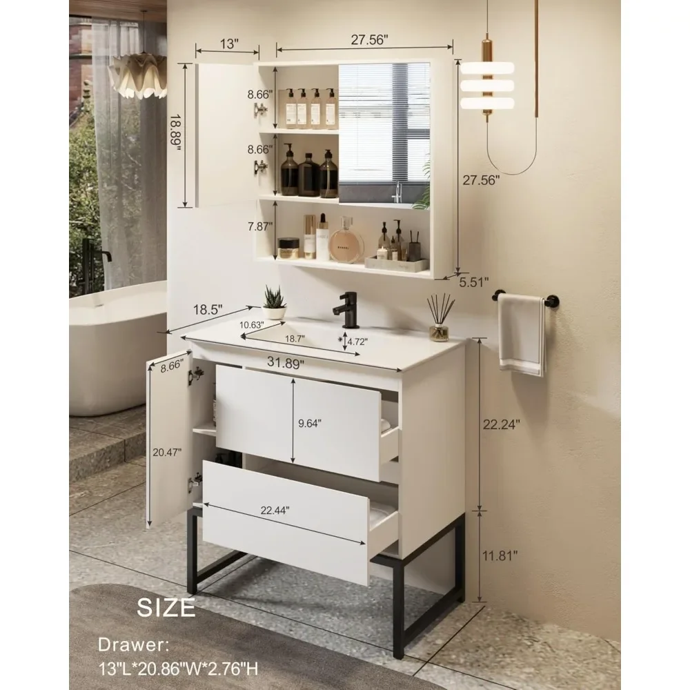 Floor Bathroom Vanity with Mirror Cabinet & Top Sink Combo Set, Modern Bath Room Storage and Makeup Solution