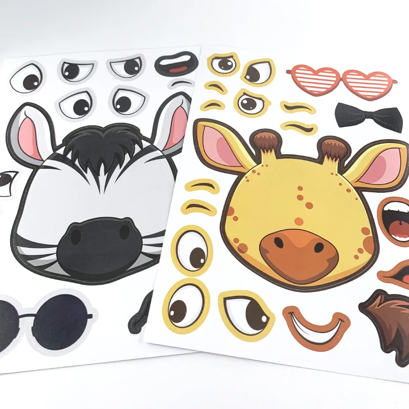 6 Sheets/Set Children DIY Animal Puzzle Stickers Make a Face Cartoon Lion Deer Bear Assemble Sticker Game Kids Educational Toys