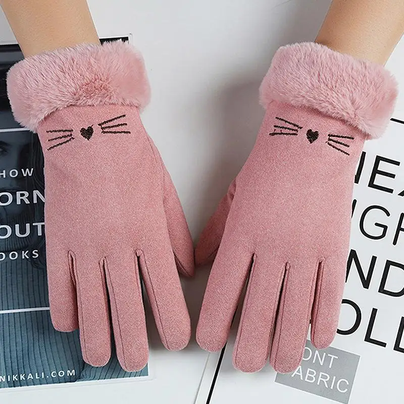 Warme Winterhandschuhe für Damen, winddicht, mit niedlichem Katzenmotiv und kältebeständigen Eigenschaften, dickes Fellfutter und Touchscreen-Funktion. – Detail 8